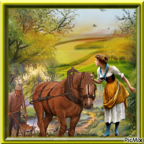 Femme avec cheval à la campagne. - Free animated GIF