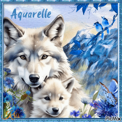 Loup, printemps, aquarelle - GIF animé gratuit