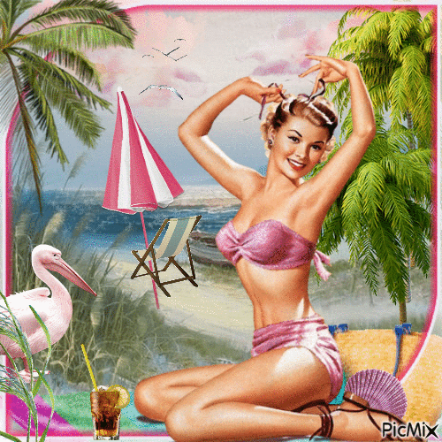 Vintages Pin-up-Girl, das am Strand sitzt - Безплатен анимиран GIF