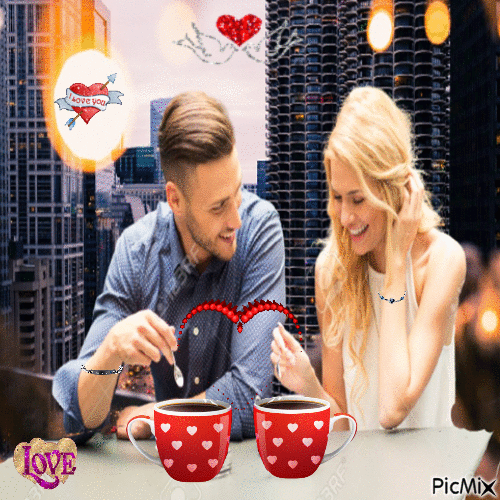 dos enamorados tomando cafe - Zdarma animovaný GIF