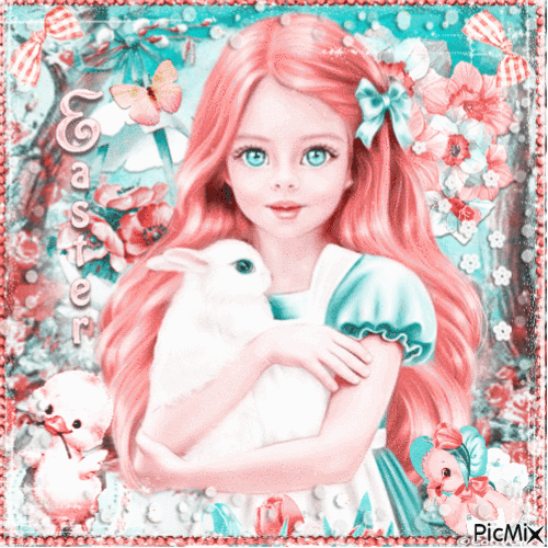 Easter child girl with a rabbit - Ingyenes animált GIF