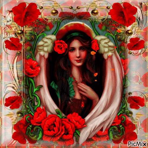 Girl with red poppies - GIF animado gratis