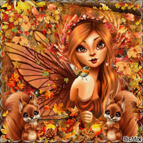 Autumn fairy and squirrel - Free animated GIF