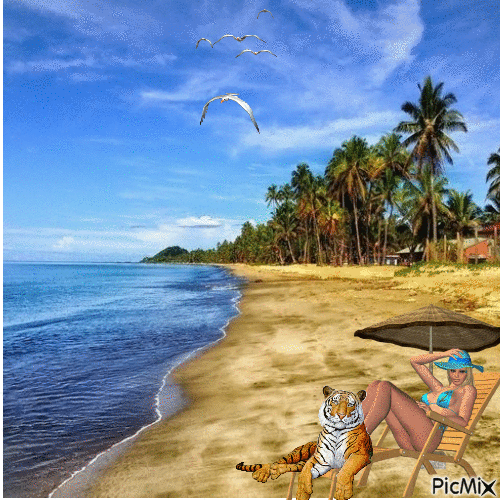 Femme et tigre en bord de mer - GIF animé gratuit