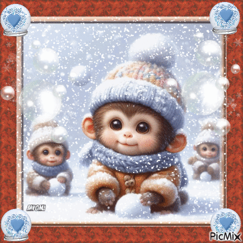 petits singes dans la neige - Gratis animeret GIF