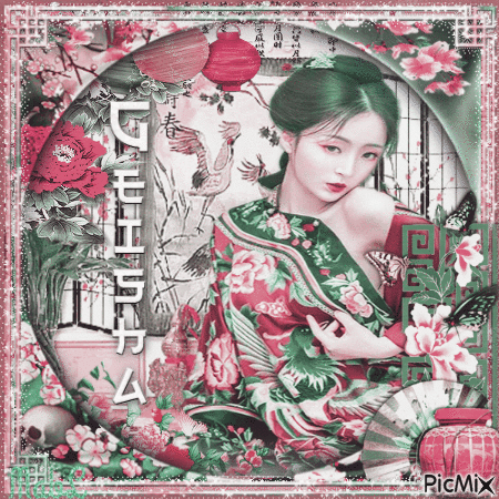 Geisha en Rose et Vert - Darmowy animowany GIF