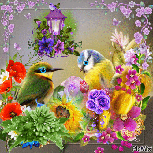 PRETTY FLOWERS AND BIRDS, IN A GARDEN, WITH A LANTERN HANGING ABOVE THEM. - GIF animé gratuit