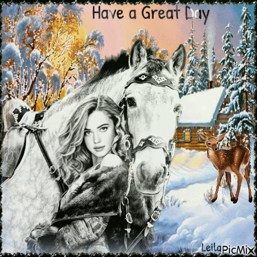 Have a Great Day. Winter, woman, horse - Gratis geanimeerde GIF