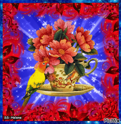 Flower cup with a bird. - Gratis geanimeerde GIF