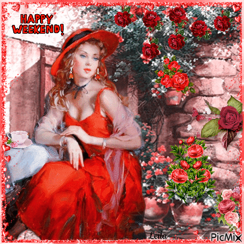 Happy Weekend. Rosegarden. Lady in red - Gratis geanimeerde GIF