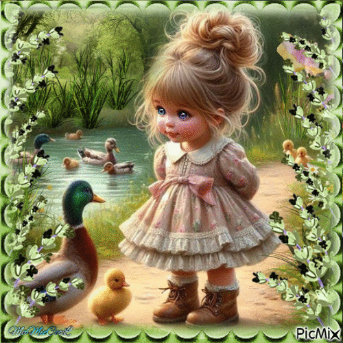 Petite fille au bord de l'eau avec des canards - Gratis geanimeerde GIF