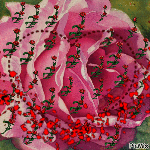 A BIG PINK ROSE WITH RED ROSES GROWING OUT OF THE SEAMS, AND A BIG RED HEART EXPLODING WITH RED PIECES. - Ilmainen animoitu GIF