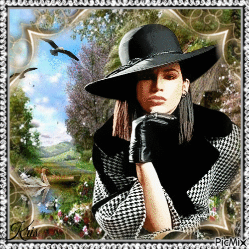 Femme avec un chapeau noir et des oiseaux - Бесплатный анимированный гифка
