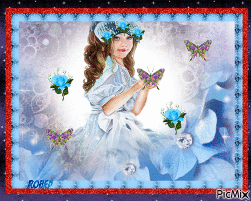 Jolie jeune fille dans les fleurs bleu - Бесплатный анимированный гифка