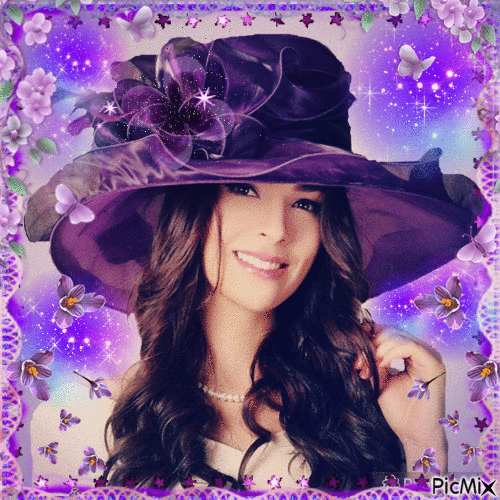 femme avec un chapeau de lilas - Gratis animerad GIF