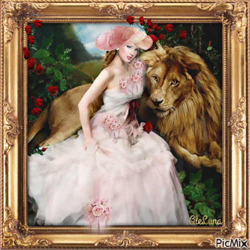 Donna e leone - GIF animado gratis