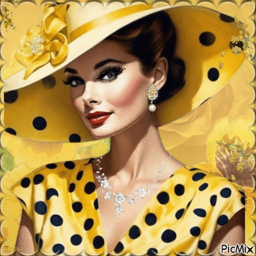 Portret  kobiety w kapeluszu na żółtym tle - Ingyenes animált GIF