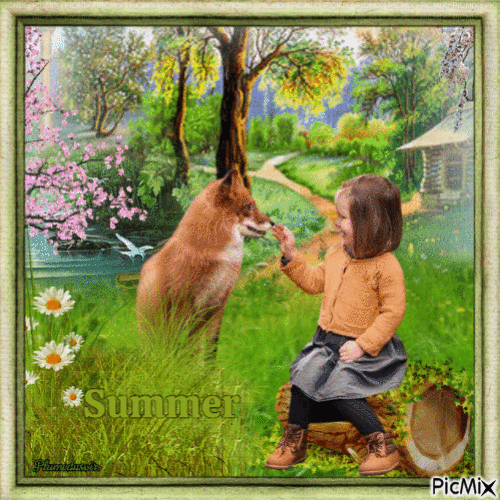 Petite fille et renard en été. - GIF animado gratis