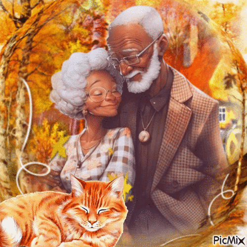 Couple seniors amoureux/automne/chat.....concours - Free animated GIF