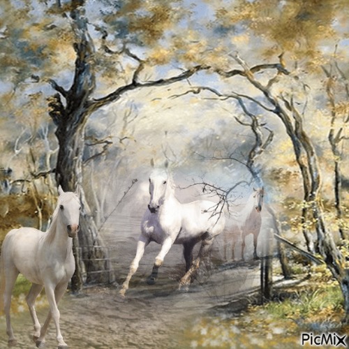 Pferde im Wald am frühen Morgen - kostenlos png