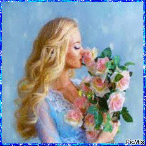 Femme avec cdes roses roses - Free animated GIF