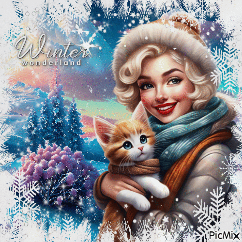 Frau mit Katze im Winter - Fantasie - GIF animé gratuit