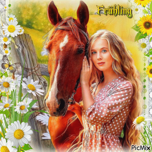 Frau mit ihrem Pferd im Frühling - Free animated GIF
