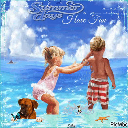Summer days. Have fun. Children, dog, water - Bezmaksas animēts GIF