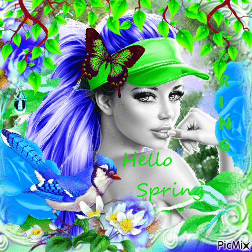 Fille du printemps en bleu et vert - GIF animé gratuit