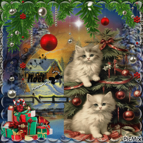 Joyeux Noël avec les chats et sapin - GIF เคลื่อนไหวฟรี