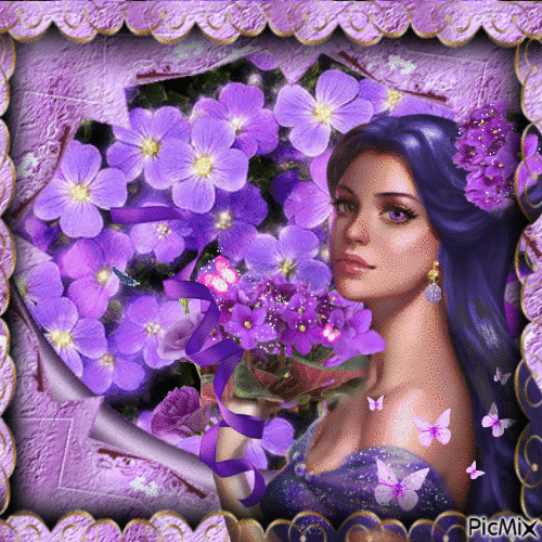 woman with violets - GIF animé gratuit