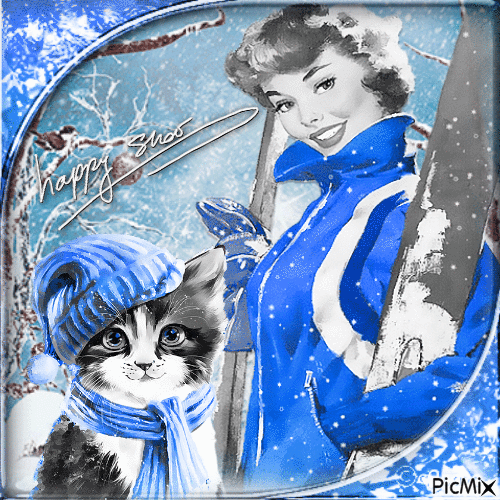 Pin up skieuse et son chat - 免费动画 GIF