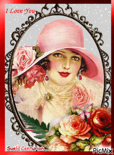 Porta retrato vintage Mulher e Rosas - Free animated GIF