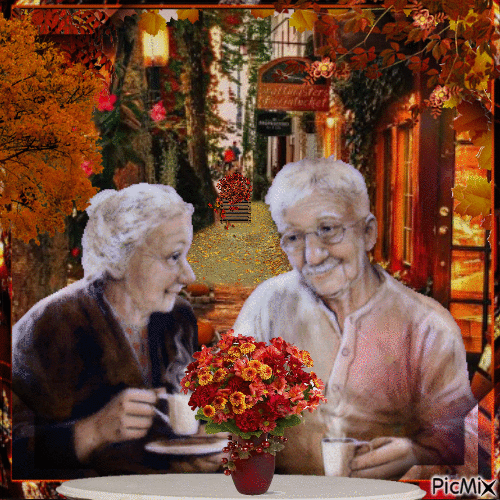 Pareja de ancianos en el paisaje de otoño - Ücretsiz animasyonlu GIF