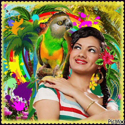 Женщина и попугай - Ingyenes animált GIF
