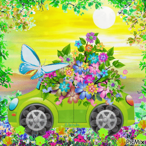 Car & flowers - Бесплатни анимирани ГИФ