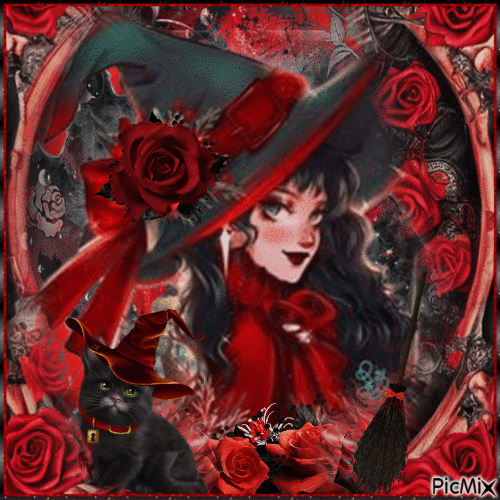 Witch and red roses - Animovaný GIF zadarmo