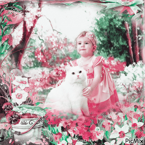 La petite fille et son chat blanc - GIF animado gratis