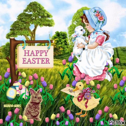 Easter-girl-animals - GIF เคลื่อนไหวฟรี