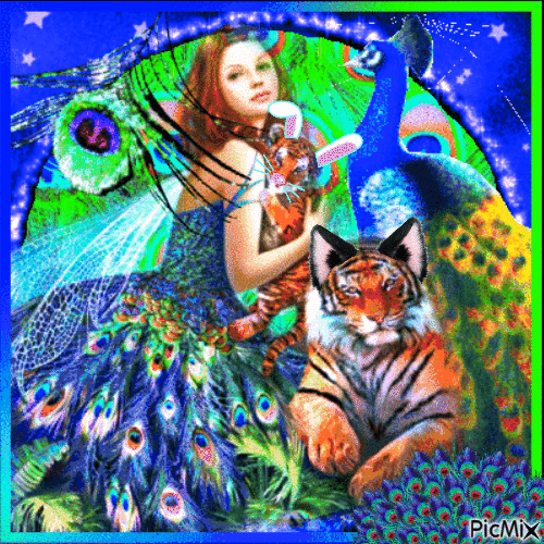 Lady peacock with two fantasy animals in bright colors - Free animated GIF