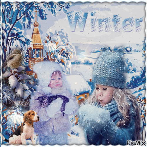 Winter mit 2 Kindern, Vögeln, Hund und Text - Free animated GIF