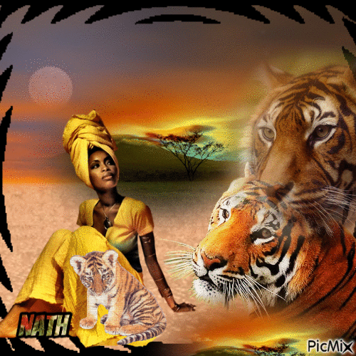 Femme et tigre - Бесплатный анимированный гифка