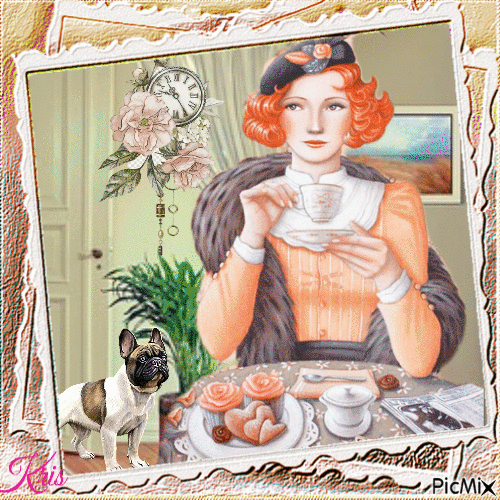 Femme buvant du café couleurs pastel -vintage - Besplatni animirani GIF
