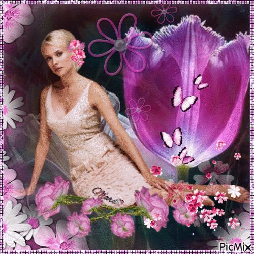 mujer  con  flores  rosadas - GIF animate gratis