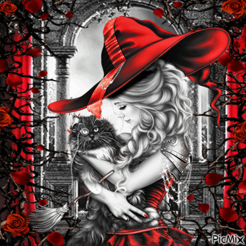 Witch and a Black Cat - Безплатен анимиран GIF