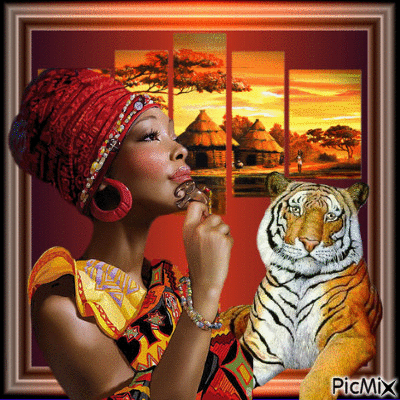 African woman with tiger - GIF animasi gratis