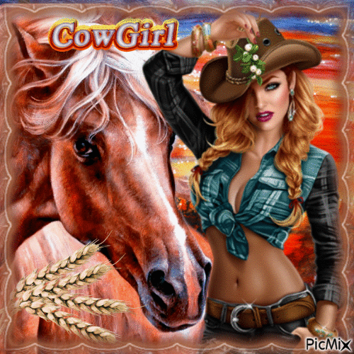 Cowgirl et son cheval - Бесплатный анимированный гифка