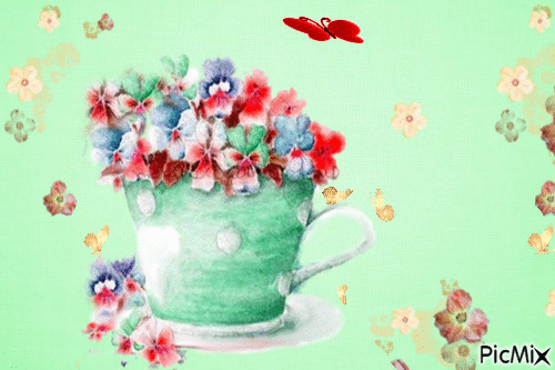 Mint cup with flowers - GIF animate gratis