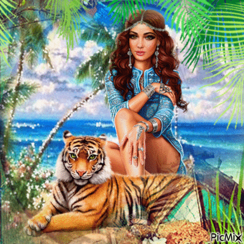 Femme et Tigre au bord de mer...concours - Animovaný GIF zadarmo