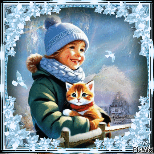 Enfant en hiver avec un chat. - Besplatni animirani GIF